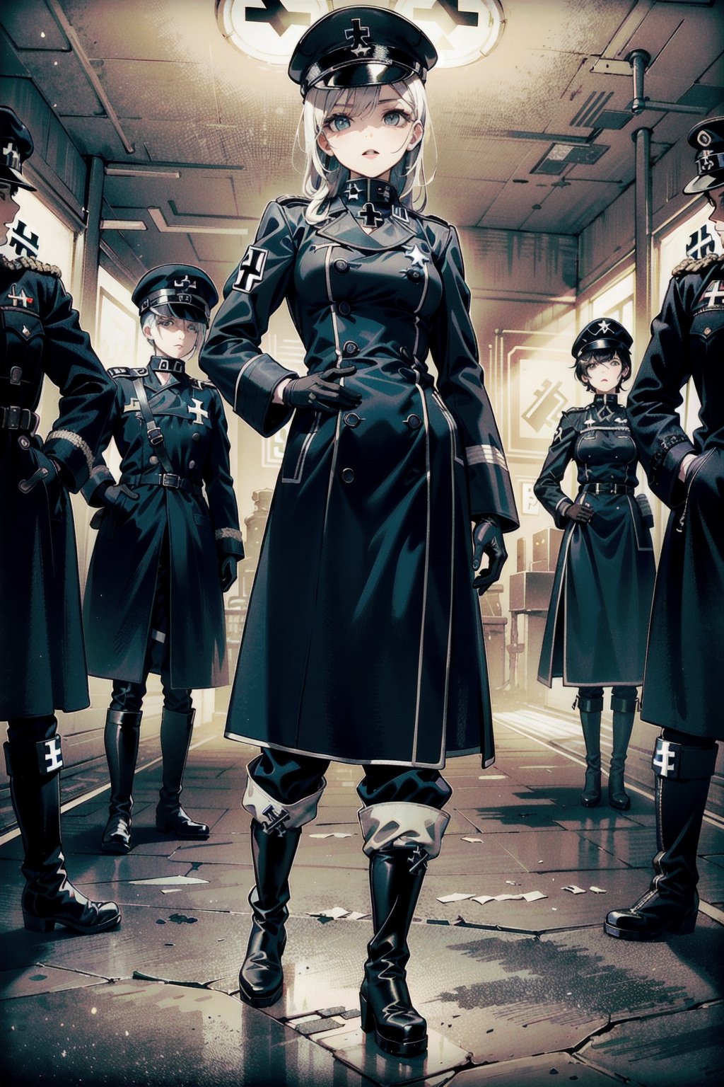 perfect face, perfect hands, perfect eyes, atmospheric scene, masterpiece, best quality, (detailed face), (detailed eyes), (cinematic light: 1.1), female, Gestapo, white hair, long hair, black eyes, ((small breasts)), thicc, (((black Nazi uniform, hat, long double-breasted coat, baggy pants, gloves, knee-high boots, The Iron Cross))), ((pants inside boots)), (((full body))), model stance, strategy room, indoors, ((solo focus)), 