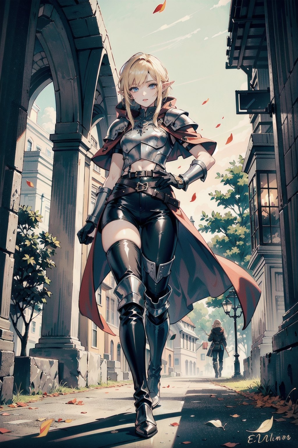 perfect face, perfect hands, perfect eyes, atmospheric scene, masterpiece, best quality, (detailed face), (detailed eyes), (cinematic light: 1.1), female, an elf girl, (long blonde), blue eyes, pale, (elven ears), small breasts, (leather armor), (long black pants), (thigh-high boots, pants inside boots), gauntlet gloves, belts, hooded long cloak, walking in the town, full body, falling leaves, ,clothes pull