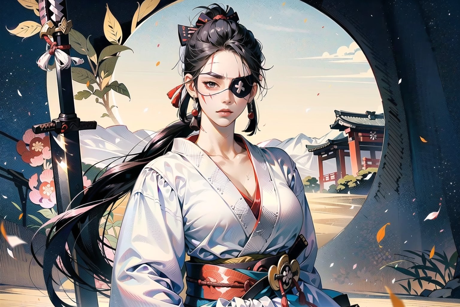 sfw, atmospheric scene, masterpiece, best quality, (detailed face, detailed skin texture), (cinematic light: 1.1), Detailedface, female, (fair skin), slender, big breast, thicc hip, wide hip, ((((samurai, japanese swordsman)))), cleavage, ((dojo attire, open placket, hakama)), (((white clothes))), ((black hair, very long ponytail)), (black eyes, right eye), (((single eyepatch))), ((scar on face, scar on left eye, scar on nose, cross scar)), (emotionless), (mature), girl, (tall), long legs, sengoku era, japan, outdoors,  sakura, fighting stance, ((airflow)), (cowboy shot), solo_focus, 