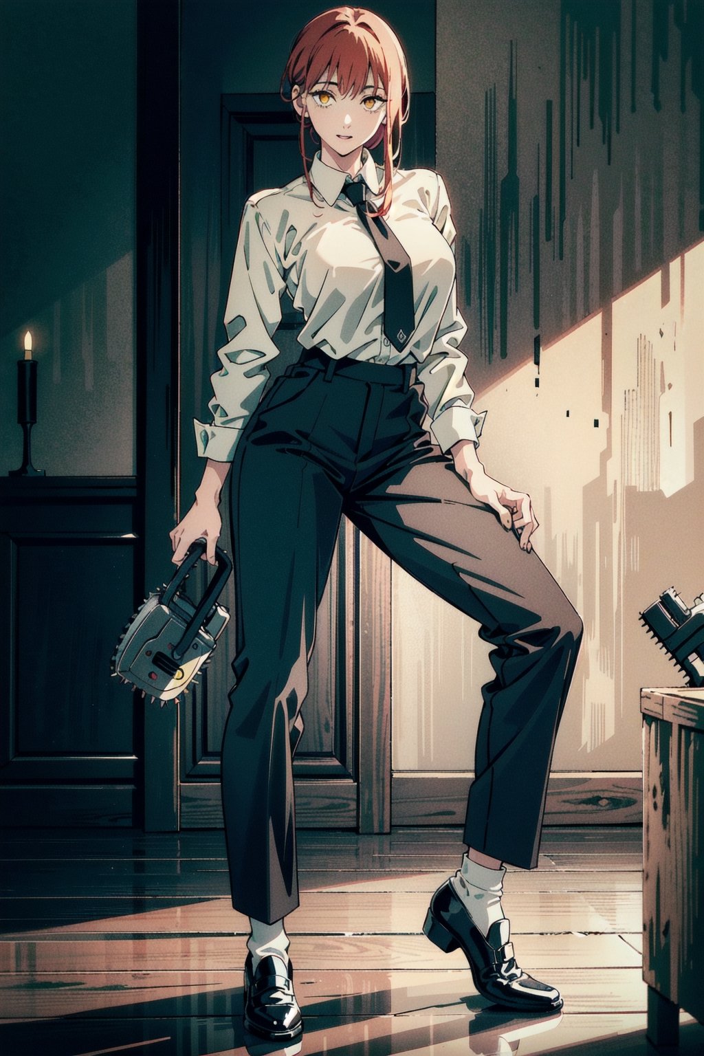 perfect face, perfect hands, perfect eyes, atmospheric scene, masterpiece, best quality, (detailed face), (detailed eyes), (cinematic light: 1.1), female, red hair, yellow eyes, big breasts, thicc thighs, white shirt, neck tie, (long pants), black dress shoes, black socks, model stance, full body, ,makima (chainsaw man)