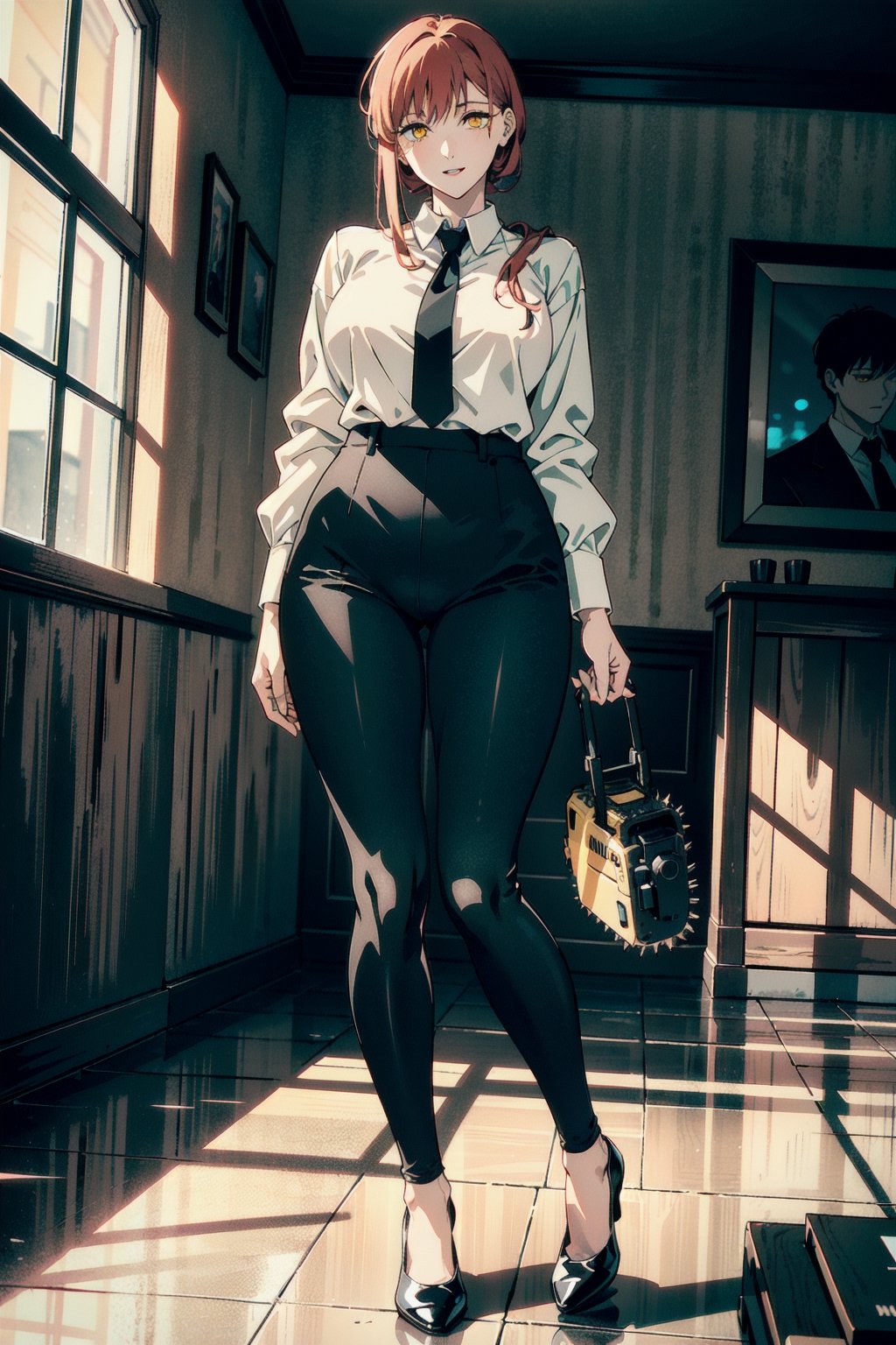 perfect face, perfect hands, perfect eyes, atmospheric scene, masterpiece, best quality, (detailed face), (detailed eyes), (cinematic light: 1.1), female, red hair, yellow eyes, big breasts, thicc thighs, white shirt, neck tie, (long pants), black dress shoes, pantyhose, model stance, full body, ,makima (chainsaw man)