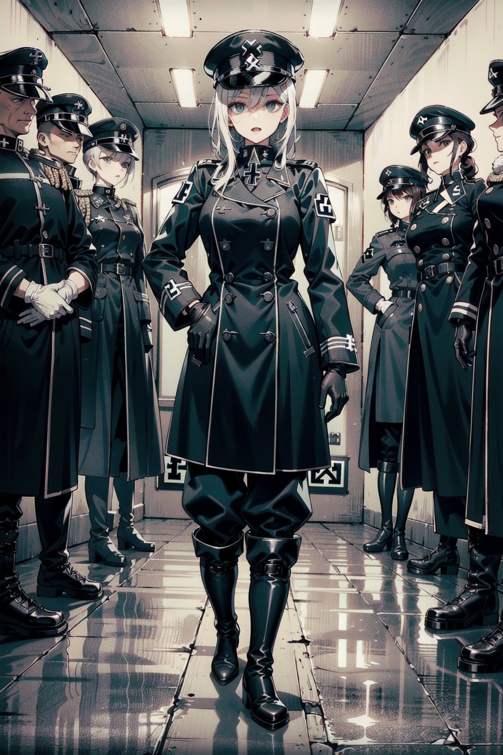 perfect face, perfect hands, perfect eyes, atmospheric scene, masterpiece, best quality, (detailed face), (detailed eyes), (cinematic light: 1.1), female, Gestapo, white hair, long hair, black eyes, ((small breasts)), thicc, (((black Nazi uniform, hat, long double-breasted coat, baggy pants, gloves, knee-high boots, The Iron Cross))), ((pants inside boots)), (((full body))), model stance, strategy room, indoors, 