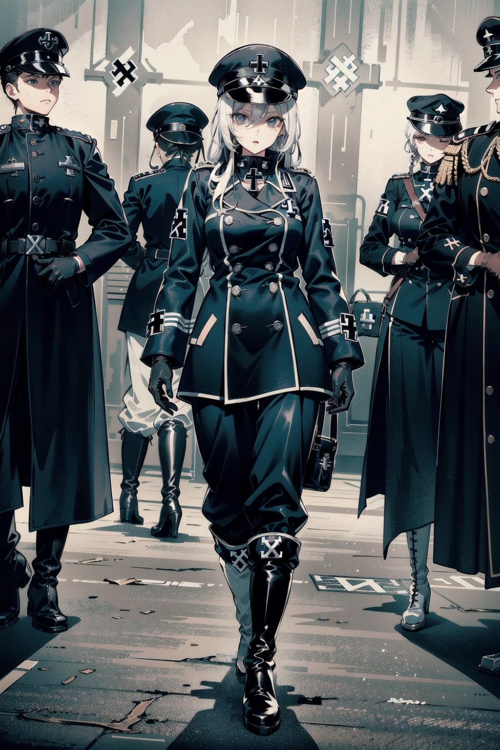 perfect face, perfect hands, perfect eyes, atmospheric scene, masterpiece, best quality, (detailed face), (detailed eyes), (cinematic light: 1.1), female, Gestapo, white hair, long hair, black eyes, ((small breasts)), thicc, (((black Nazi uniform, hat, long double-breasted coat, baggy pants, gloves, knee-high boots, The Iron Cross))), ((pants inside boots)), (((full body))), model stance, strategy room, indoors, solo focus, 