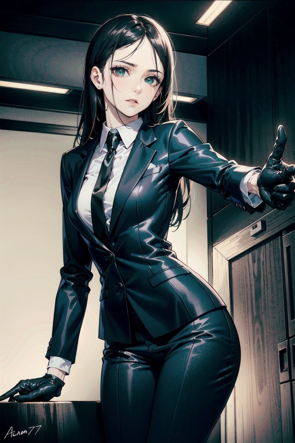 perfect face, perfect hands, perfect eyes, atmospheric scene, masterpiece, best quality, (detailed face), (detailed eyes), (cinematic light: 1.1), female, agent, ((pale)), (dark hair, long hair), (green eyes, sharp sight), (small breast), black suit, red neck tie, black dress shoes, black gloves, emotionless, (HITMAN, agent 47 poses) (holding pistol, silencer, ready for killing), dark office, night, 