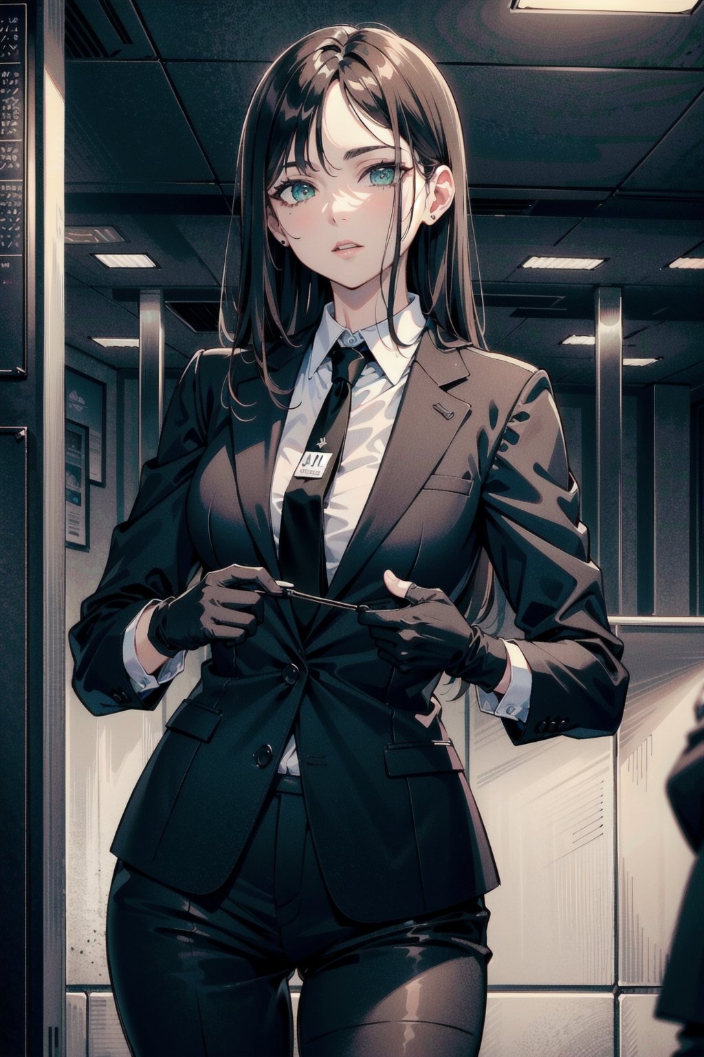 perfect face, perfect hands, perfect eyes, atmospheric scene, masterpiece, best quality, (detailed face), (detailed eyes), (cinematic light: 1.1), female, ((oale)), (dark hair, long hair), green eyes, black suit, red neck tie, black dress shoes, black gloves, emotionless, HITMAN, Agent 47 stance, Fiber Wire, dark office, night, 