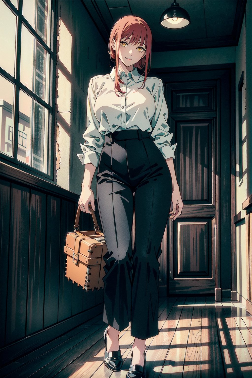 perfect face, perfect hands, perfect eyes, atmospheric scene, masterpiece, best quality, (detailed face), (detailed eyes), (cinematic light: 1.1), female, red hair, yellow eyes, big breasts, thicc thighs, white shirt, long pants, black dress shoes, model stance, full body, ,makima (chainsaw man)