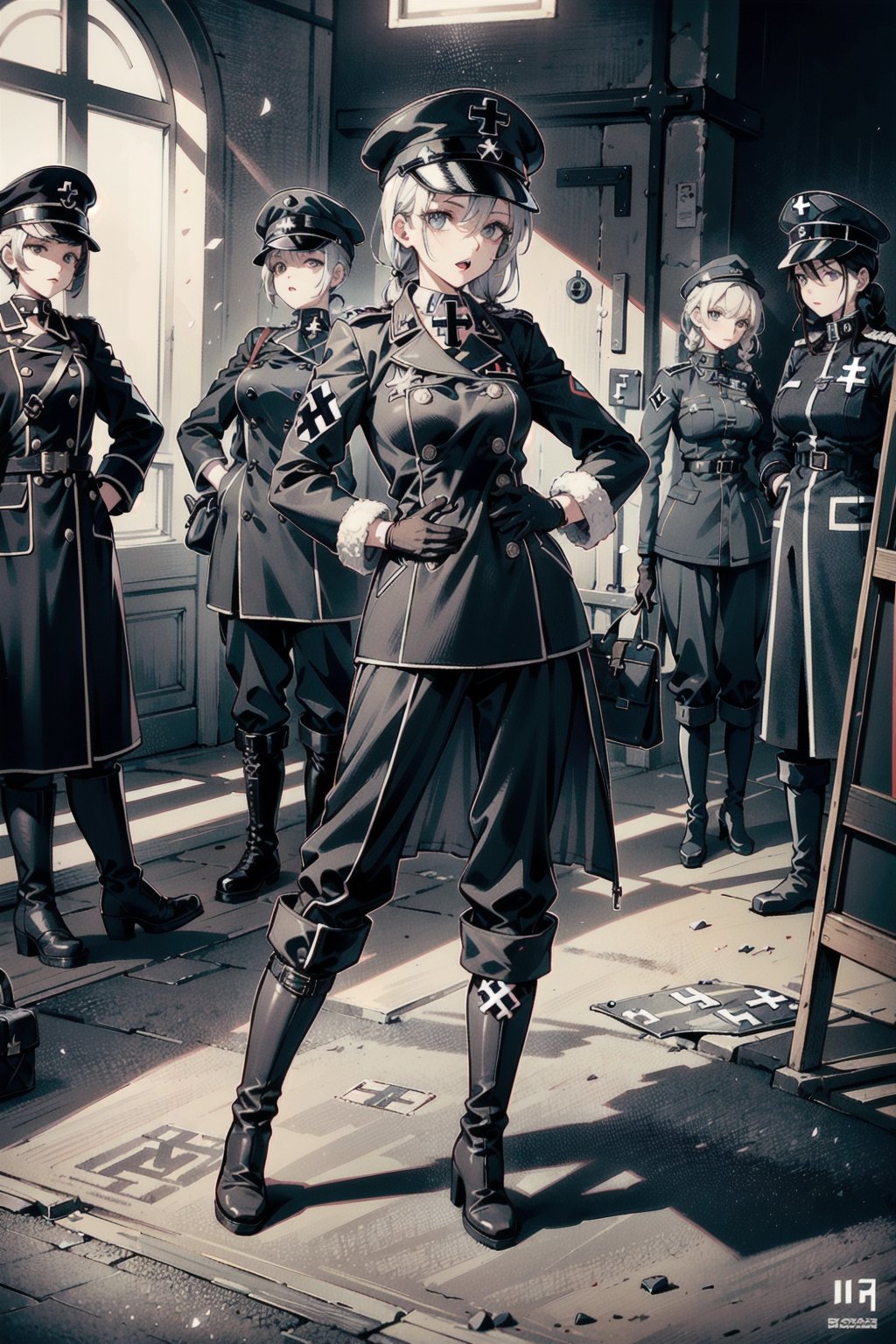 perfect face, perfect hands, perfect eyes, atmospheric scene, masterpiece, best quality, (detailed face), (detailed eyes), (cinematic light: 1.1), female, Gestapo, white hair, long hair, black eyes, ((small breasts)), thicc, (((black Nazi uniform, hat, long double-breasted coat, baggy pants, gloves, knee-high boots, The Iron Cross))), ((pants inside boots)), (((full body))), model stance, strategy room, indoors, 