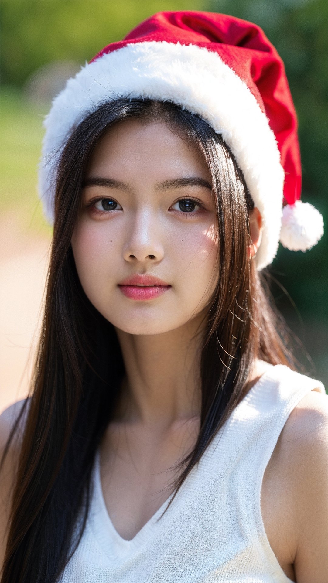 1girl, young girl, teen female, soft light, rim light, film grain, beautiful shadow, low key, (photorealistic, raw photo:1.2), (natural skin texture, realistic eye and face details), hyperrealism, ultra high res, 4K, Best quality, masterpiece, christmas hat, santa outfit, looking at viewer, long black hair, realistic, full body