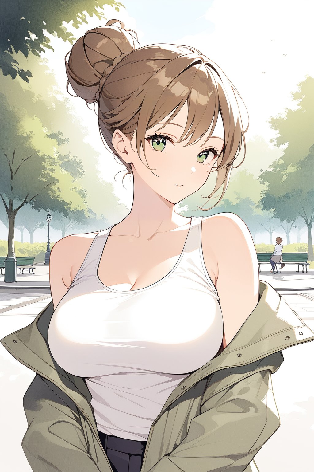 1girl, an art of a beautiful and attractive woman, big breasts, perfect body,looking at viewer,green eyes,mature female,brown hair,single hair bun,park,upper body shot,green jacket,girl white tank top