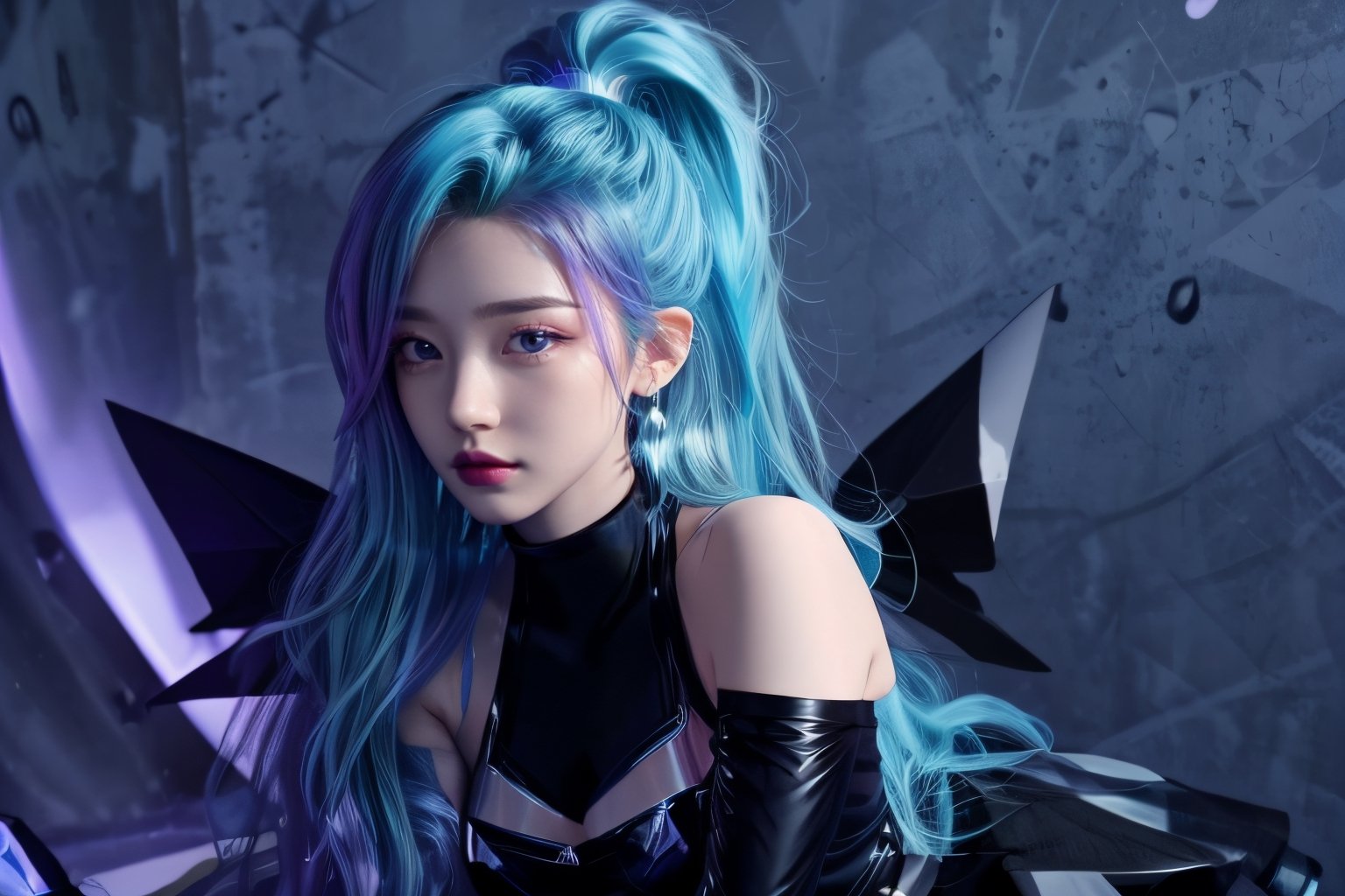 1 girl,adorable,seraphine, solo, blue hair, k/da \(league of legends\), very long hair, multicolored hair, jewelry, ponytail, blue eyes, earrings, dress, black choker, two-tone hair, purple hair, black thighhighs, bracelet, black skirt,seraphine1,<lora:659111690174031528:1.0>