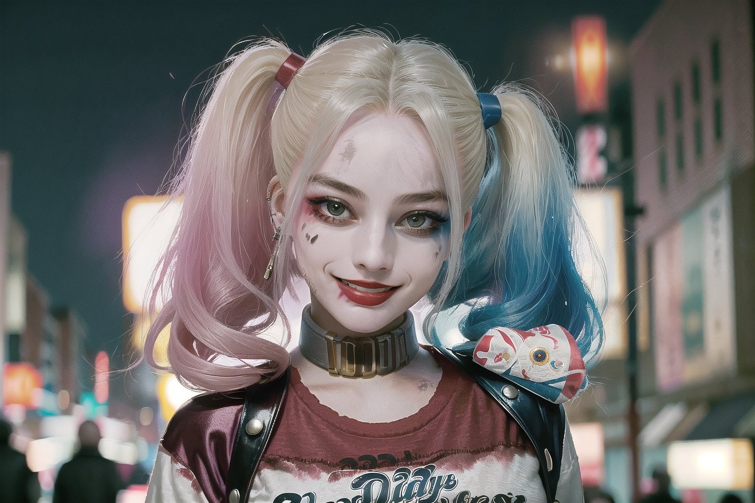 RAW photo, a photo of 25 y.o woman,  harleyquinn, japanese themed outfit, future city street, (high detailed skin:1.2), 8k uhd, dslr, soft lighting, high quality, film grain, Fujifilm XT3   ,harleyquinn, smiling,full_body,perfect,hand