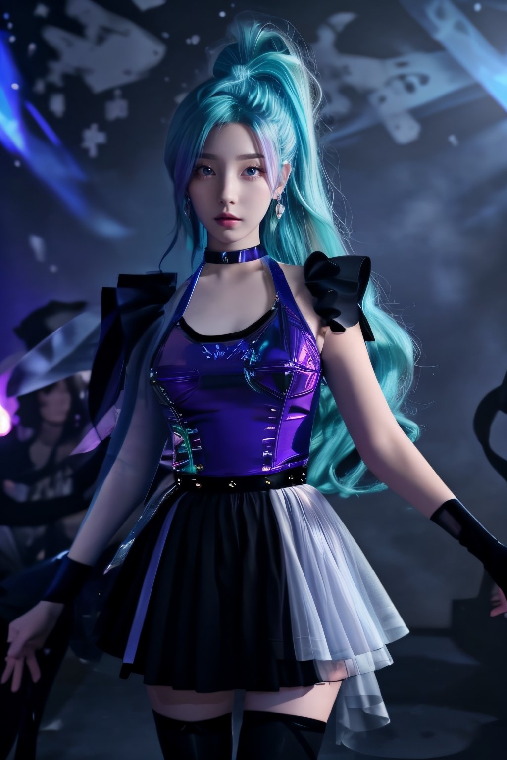 1 girl,adorable,seraphine, solo, blue hair, k/da \(league of legends\), very long hair, multicolored hair, jewelry, ponytail, blue eyes, earrings, dress, black choker, two-tone hair, purple hair, black thighhighs, bracelet, black skirt,seraphine1,<lora:659111690174031528:1.0>