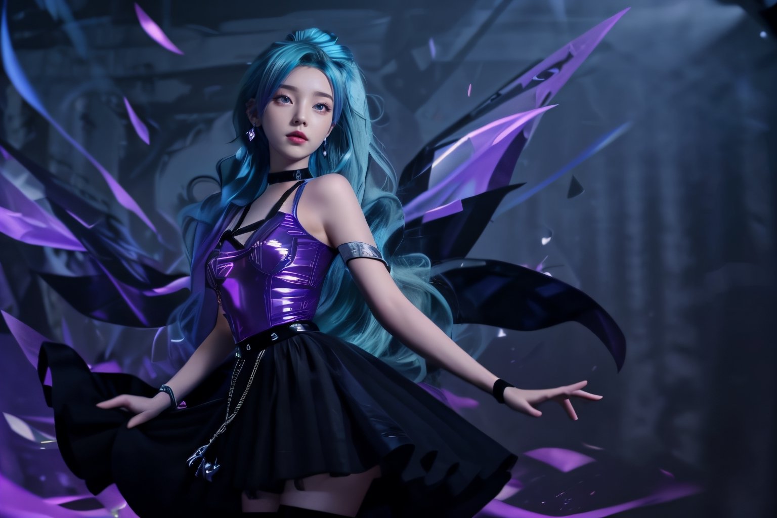 1 girl,adorable,seraphine, solo, blue hair, k/da \(league of legends\), very long hair, multicolored hair, jewelry, ponytail, blue eyes, earrings, dress, black choker, two-tone hair, purple hair, black thighhighs, bracelet, black skirt,seraphine1,<lora:659111690174031528:1.0>