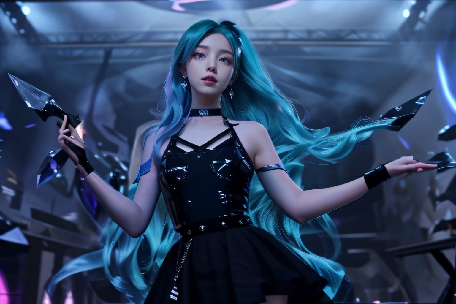 1 girl,adorable,seraphine, solo, blue hair, k/da \(league of legends\), very long hair, multicolored hair, jewelry, ponytail, blue eyes, earrings, dress, black choker, two-tone hair, purple hair, black thighhighs, bracelet, black skirt,seraphine1,<lora:659111690174031528:1.0>