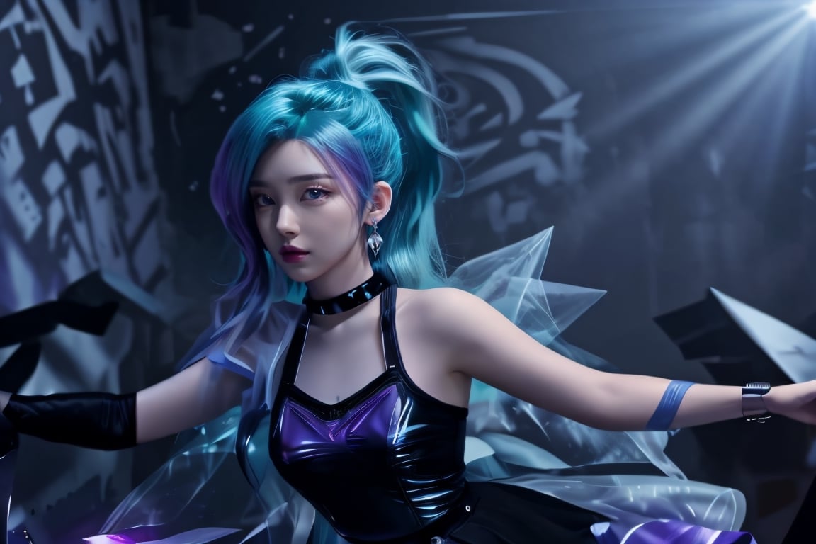 1 girl,adorable,seraphine, solo, blue hair, k/da \(league of legends\), very long hair, multicolored hair, jewelry, ponytail, blue eyes, earrings, dress, black choker, two-tone hair, purple hair, black thighhighs, bracelet, black skirt,seraphine1,<lora:659111690174031528:1.0>