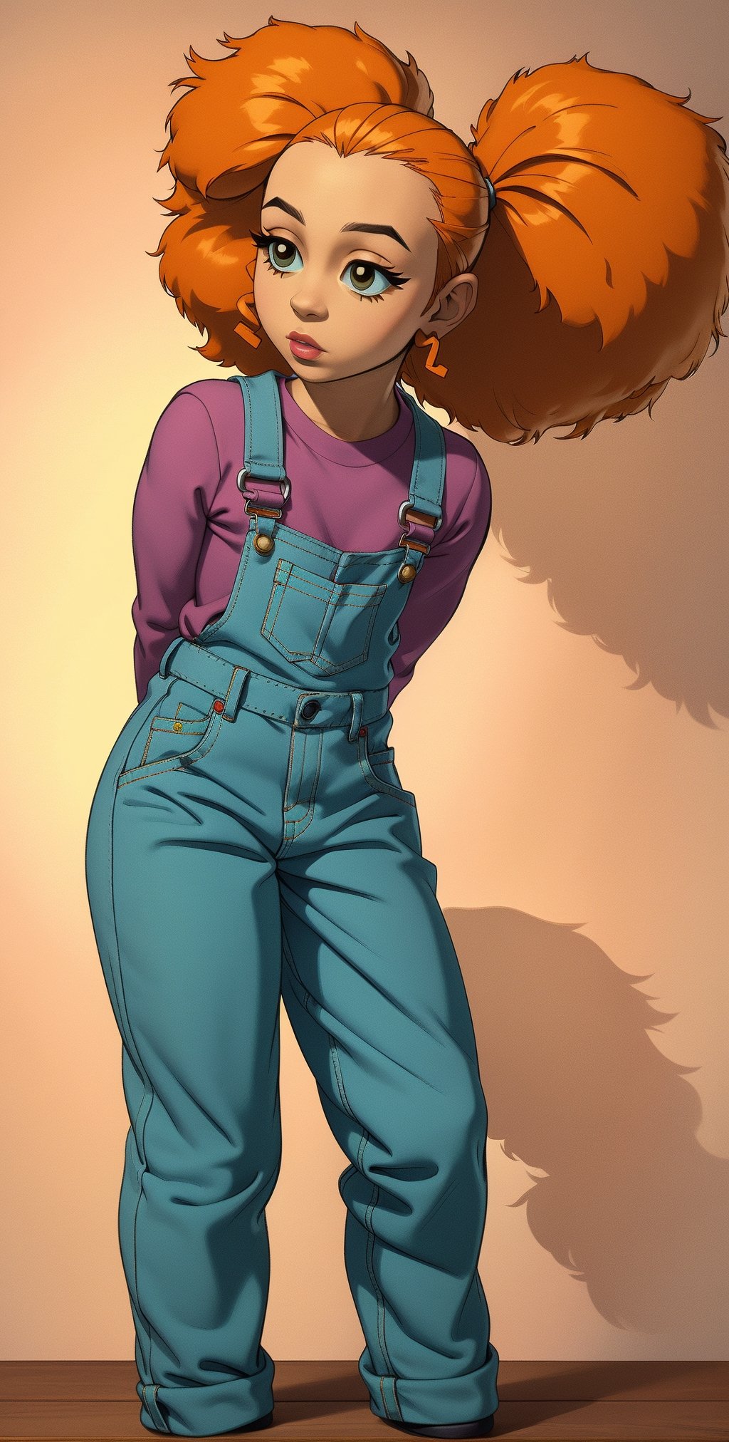 ((masterpiece, best quality)),solo,portrait ,1girl, child, medium shot , jazmine dubois,  , frizzy hair, big hair, ( overalls,  red shirt:1), arms behind back,