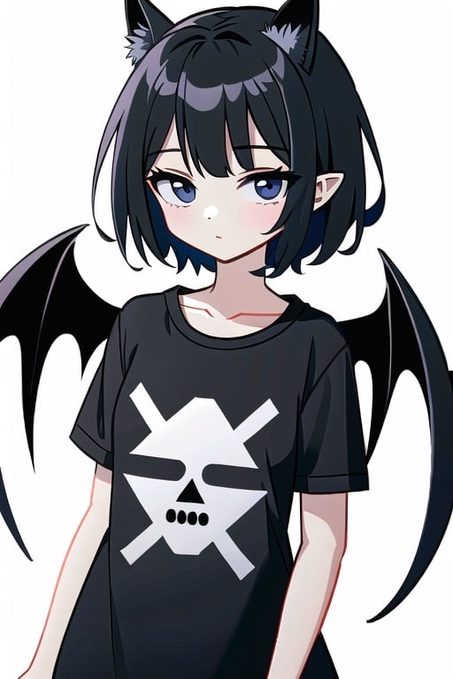 girls dead monster,wear a t-shirt, short hair,black hair , black eyes ,, devil ears , devil wings