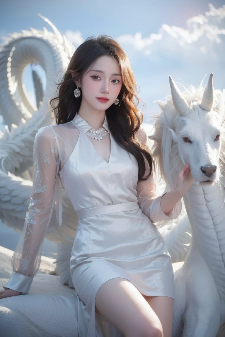 Best quality, masterpiece, ultra high res, (photorealistic:1.4), raw photo, front view, (perfect body, photo from the knee), ((full frontal shot of a beautiful white skin girl wearing a gorgeous luxurious dress and ridding on a white dragon)), she is ice queen warrior, 3 crystal swords flying around her, feather earring, luxurious crystal necklace, feather jacket, perfect light, thin body, ((looking_at_viewer)), (((seducing face))), 