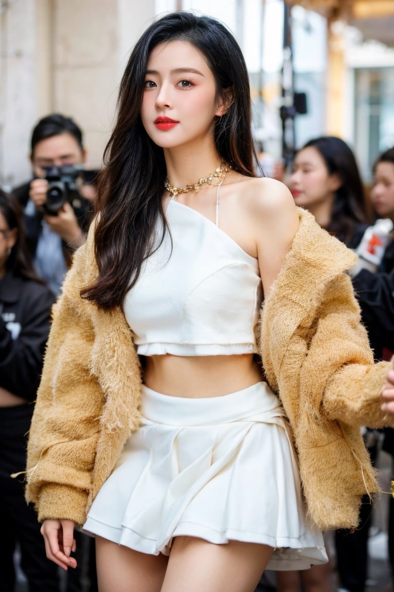 Best quality, masterpiece, ultra high res, (photorealistic:1.4), raw photo, front view, (perfect body, upper body, photo from the knee), ((full frontal shot of a beautiful white skin girl wearing a short gorgeous body skirt, luxurious gold necklace, She was surrounded by reporters taking photos at a celebrity press conference)), looking_at_viewer, feather jacket