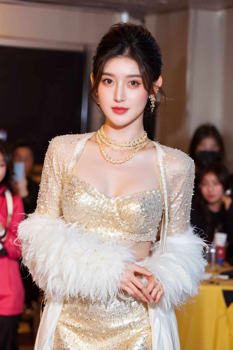 Best quality, masterpiece, ultra high res, (photorealistic:1.4), raw photo, front view, (perfect body, upper body, photo from the knee), ((full frontal shot of a beautiful white skin girl wearing a short gorgeous body skirt, luxurious gold necklace, She was surrounded by reporters taking photos at a celebrity press conference)), looking_at_viewer, feather jacket