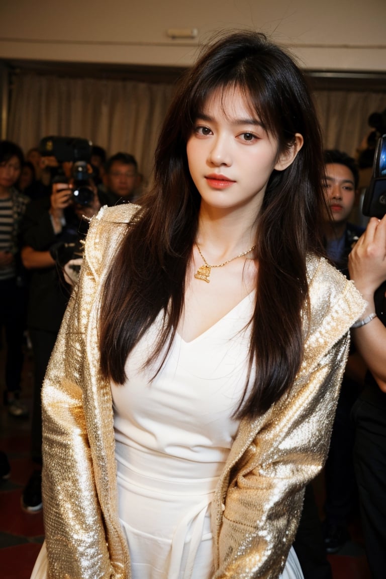 Best quality, masterpiece, ultra high res, (photorealistic:1.4), raw photo, front view, (perfect body, upper body, photo from the knee), ((full frontal shot of a beautiful white skin girl wearing a gorgeous luxurious dress, luxurious gold necklace, She was surrounded by reporters taking photos at a celebrity press conference)), looking_at_viewer, bussiness jacket