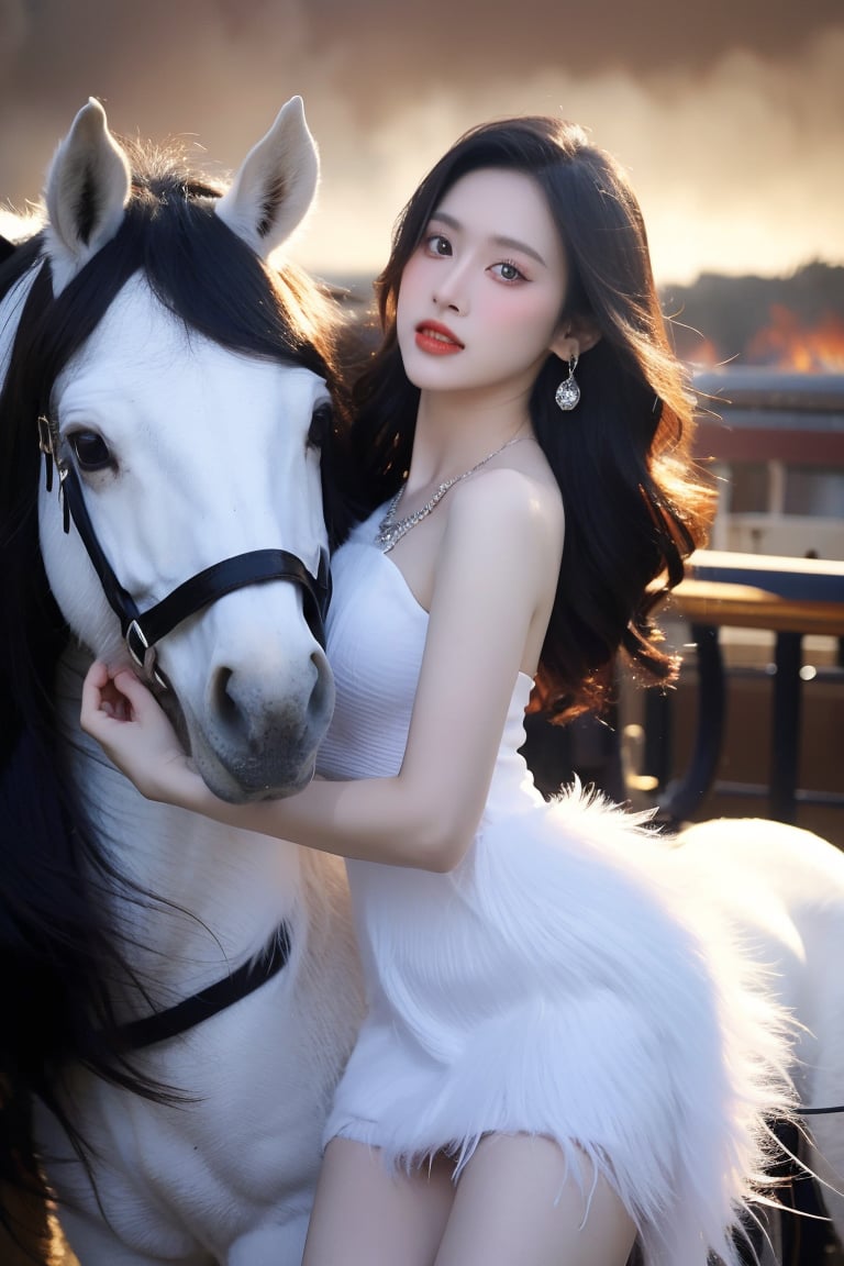 Best quality, masterpiece, ultra high res, (photorealistic:1.4), raw photo, front view, (perfect body, photo from the knee), ((full frontal shot of a beautiful white skin girl wearing a gorgeous luxurious feather dress and holding the reins of a (giant mighty dark war horse with red burning eyes). )), she is ice queen warrior, 3 crystal swords flying around her, feather earring, luxurious crystal necklace, feather jacket, perfect light, thin body, ((looking_at_viewer)), (((seducing face))), sunset, sunshine, detail lips,