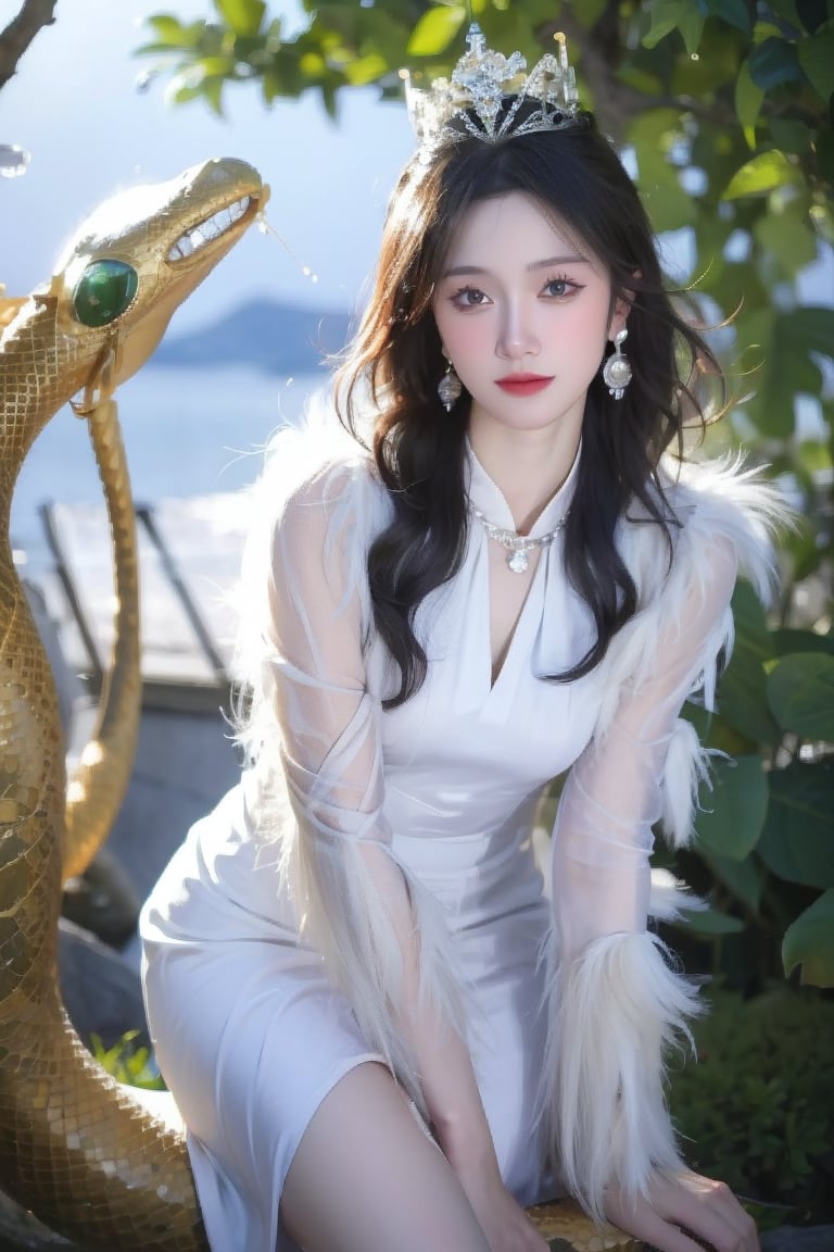 Best quality, masterpiece, ultra high res, (photorealistic:1.4), raw photo, front view, (perfect body, photo from the knee), ((full frontal shot of a beautiful white skin girl wearing a gorgeous luxurious dress and riding on a giant snake)), she is ice queen warrior, 3 crystal swords flying around her, feather earring, luxurious crystal necklace, feather jacket, perfect light, thin body, ((looking_at_viewer)), (((seducing face))), 