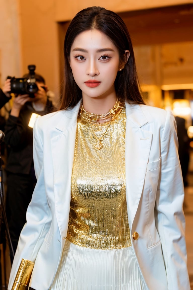 Best quality, masterpiece, ultra high res, (photorealistic:1.4), raw photo, front view, (perfect body, upper body, photo from the knee), ((full frontal shot of a beautiful white skin girl wearing a gorgeous luxurious dress, luxurious gold necklace, She was surrounded by reporters taking photos at a celebrity press conference)), looking_at_viewer, bussiness jacket