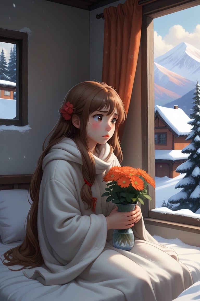 (masterpiece, best quality),Snow falls outside the window of a girls room. BREAK A girl with a sad expression sits on the bed, leaning against the wall. She is wrapped in a white blanket with orange flowers. Her long brown hair covers her ears. Her hands are hidden inside the blanket. BREAK The window is open, with a wooden frame and a white curtain on the left. Snow is piled up on the frame. Below the window, there is a small vase with a red flower. BREAK The girl looks at the snowy landscape, with snow-covered roofs, forest and mountains. The mood is lonely and peaceful., Anime,Enhanced All,ghibli,illustrator,sticker design