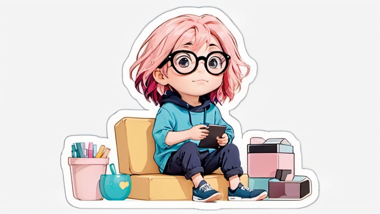 Leonardo style, illustration, sticker, glasses, colorful hair, blush, 1 boy, long hair, sitting, no human, full body