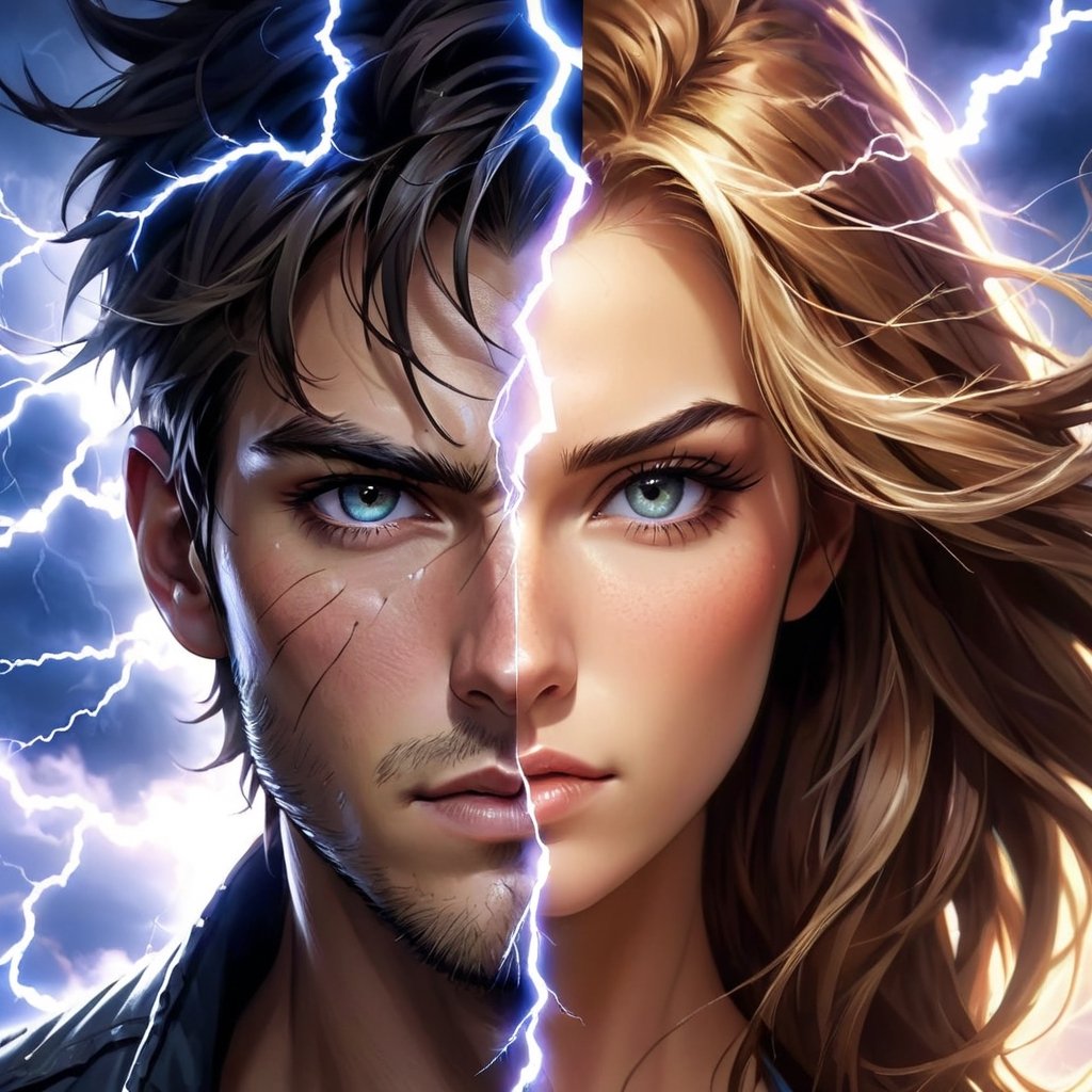  a complete human face, torn in half by lightning. The left side should depict a rugged male style, while the right should showcase a gentle female style. Despite being separated, when combined, it should look like the facial features of a normal face,aw0k illuminate