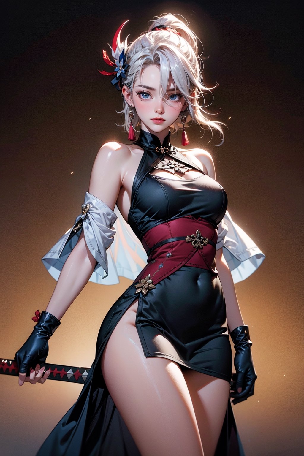 1girl, solo, short hair, breasts, looking at viewer, bangs, blue eyes, hair ornament, gloves, holding, jewelry, closed mouth, standing, weapon, braid, white hair, earrings, black gloves, holding weapon, hair over one eye, clothing cutout, Two-section pink golden and dark gradient short cut mini dress, tassel, braided ponytail, partially fingerless gloves, hip vent, shoulder cutout, holding polearm, tassel earrings, breast curtain, shenhe \(genshin impact\),,nijistyle,nyantcha style,holding sword