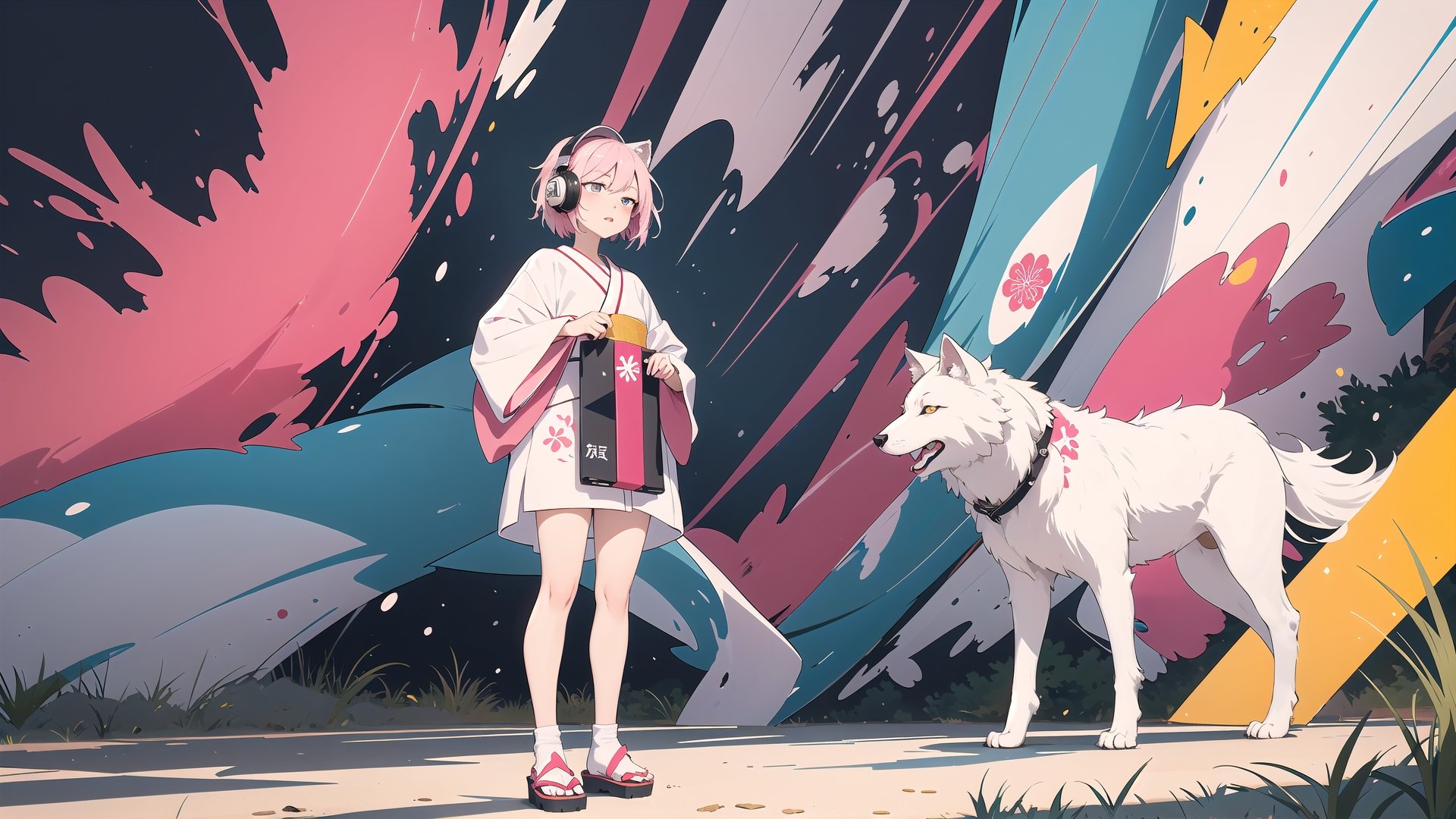 Create an illustration of Pink-chan influenced by Primitivism and Abstract Expressionism. The artwork should feature intense color usage, incorporating words and symbols, with elements of graffiti and themes of social and political nature. Pink-chan should be depicted in a style that reflects these artistic influences, with vibrant, expressive colors, and a composition that includes graffiti-like elements. She should be surrounded by words and symbols that convey social or political messages, creating an impactful and thought-provoking image, with headphone, a girl in traditional japanese clothing, with white wolf beside her, standing in front of a a magical torri shrine, anime, Don Bluth, artgerm , by Studio Ghibli