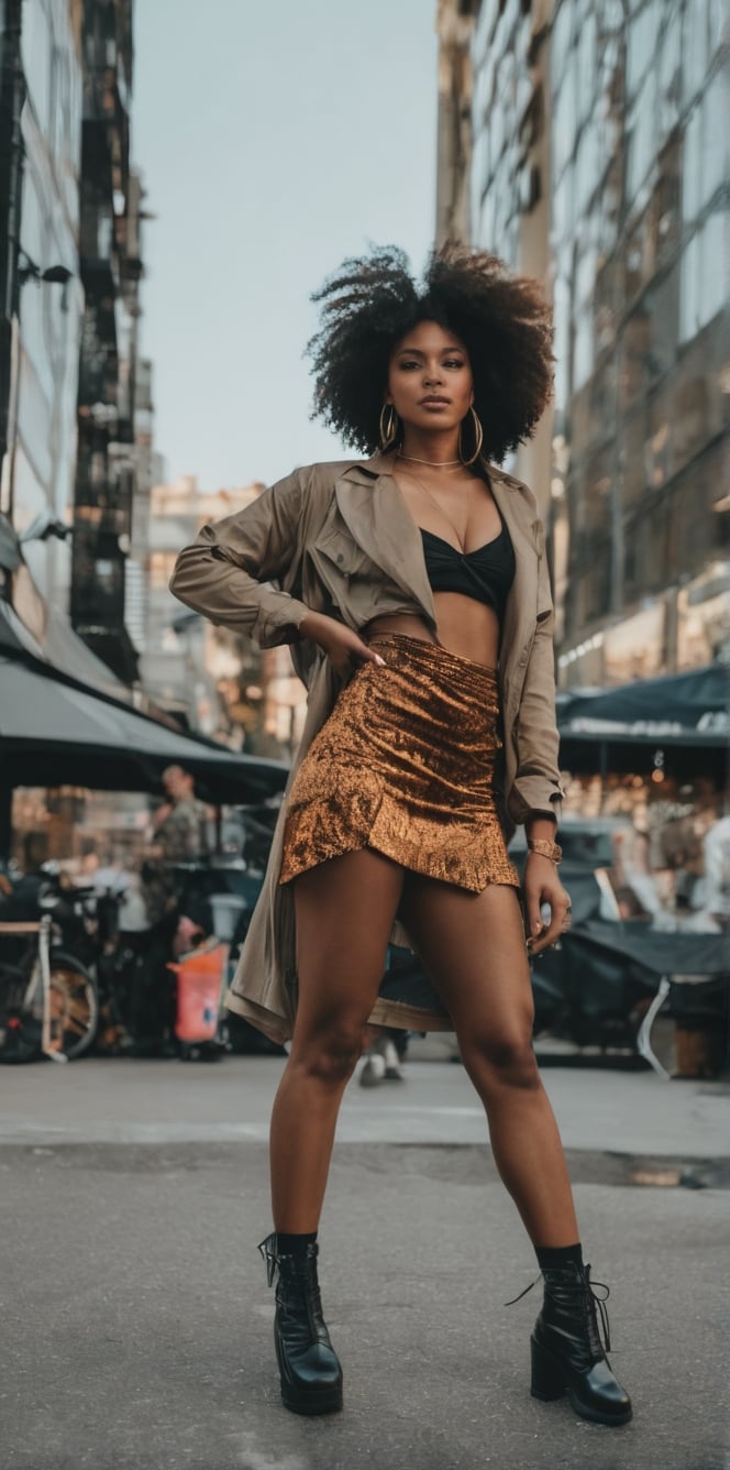 Generate hyper realistic image of a 27 year old girl, black girl, natural hair, slim waist, ((big ass:1.5)), (full body:1.7), (big breast: 1.1), tan lines, heels, messy hair, perfect face and body, embodying the energy of a street dance sensation, featuring a dynamic, urban-inspired hairstyle and expressive brown eyes. She wears a street dance short skirt with hip-hop-inspired elements and a vibrant top, reflecting the style and rhythm of street dance culture. deep photo, Superia 400, iPhone, nighttime, dark photo, grainy, seductive smirk, (hotel), holding couture purses, ((WEARING HAUTE_COUTURE DESIGNER low cut dress)), FilmGirl