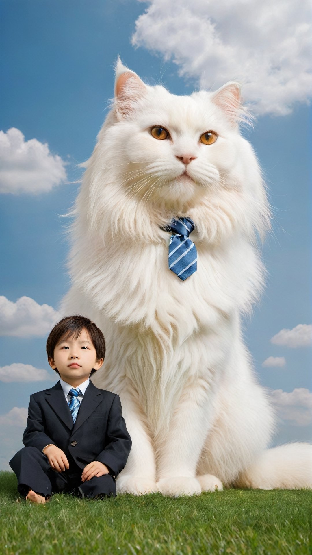 Realistic photo of a huge longhaired white cat with brown eyes sitting on the grass in front of a little shot haircut Asian boy wearing a suit and tie. The photo has a blue sky background with clouds and uses natural light, with super detailed photography in the style of movie lighting effects and bright colors. It is a full body portrait