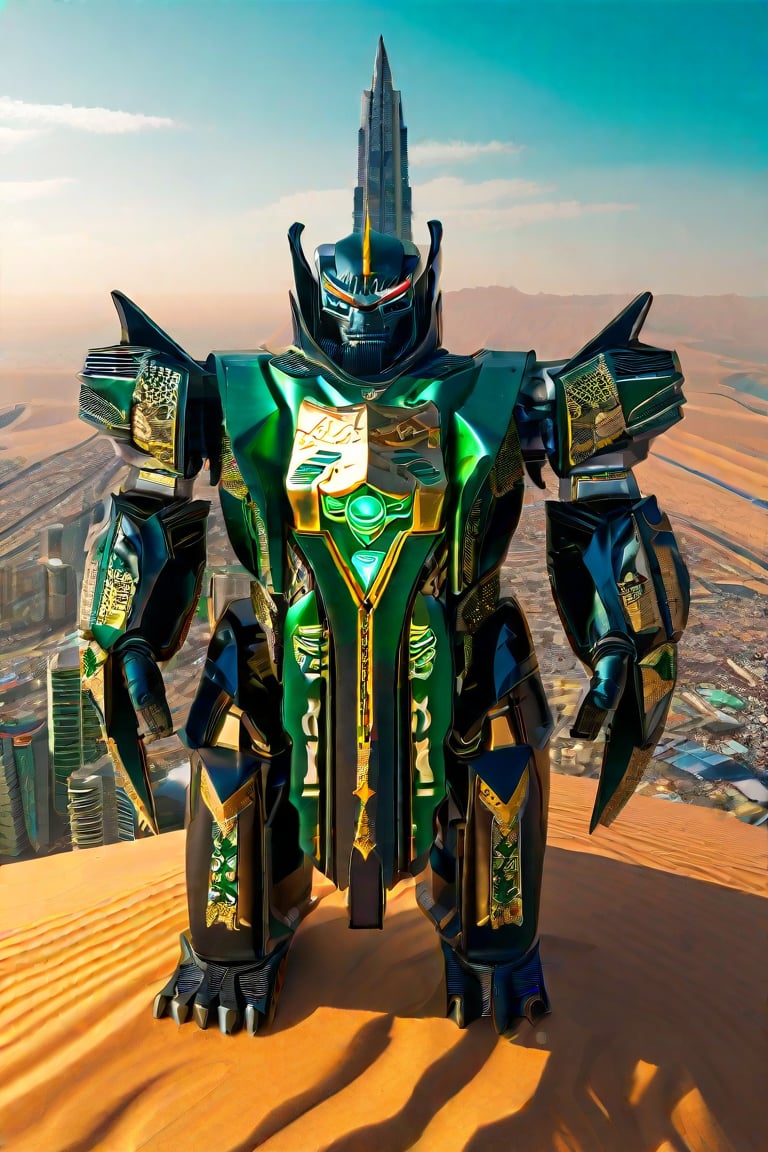 A bird’s eye view of a gigantic Pacific Rim Jaeger representing Saudi Arabia. The Jaeger’s design is inspired by the Kaaba, featuring black and gold-tinted armor with intricate Islamic geometric patterns. Its headpiece resembles a traditional ghutra, and its body is adorned with calligraphy. The Jaeger’s core glows with a bright green light, symbolizing the national flag. Below, the landscape reveals vast deserts and urban skyscrapers. Enhanced with glare, lens flare, and cinematic lighting, the Jaeger’s imposing presence is accentuated by swirling sand particles and sparks, capturing Saudi Arabia's spiritual and modern essence,Gao Hunter