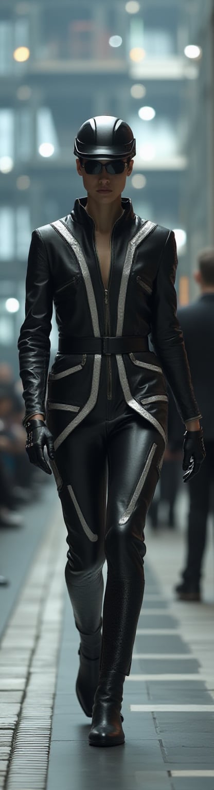 A captivating image of futuristic fashion, featuring models in sleek, walking, serious mood, high-tech outfits made from innovative materials, hats covering their faces. The designs should be bold and avant-garde, geometric patterns. The backdrop is a futuristic cityscape with dvanced technology, creating a vision of fashion in the future,realistic