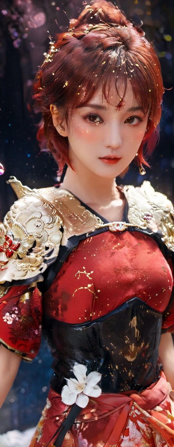 1girl, star eye, blush, perfect illumination, caramel hair styled as short hair, bright red hair, red eyes, dressed in red kimono outfit with outer golden chest armor made from machine, spraying water droplets in all directions, Gorgeous, unreal engine 5, sidelighting, detailed face, bangs, bright skin, starry nebula background, Sharp glossy focus, equirectangular 360, Highres 8k, ultra detailed, aesthetic, masterpiece, best quality, photorealistic, kinetic move effect, colorful,