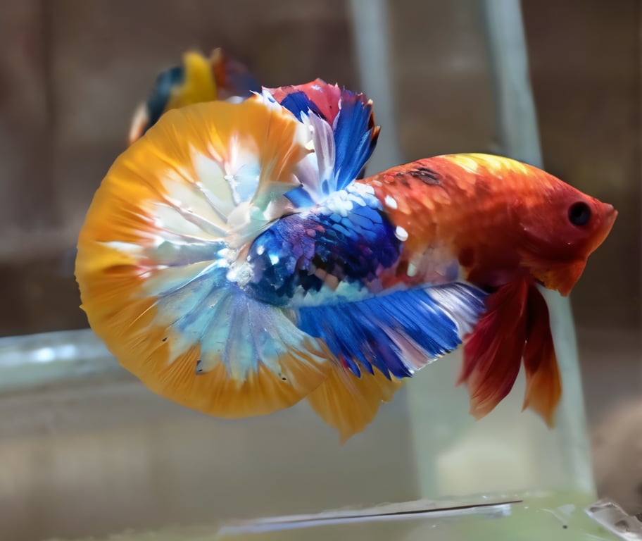 ,betta hmpk,realistic,animal focus, still life, multicolor, big tail,(best quality,realistic,high quality),, ultra realistic,32k,RAW photo,(high detailed skin:1.2), 8k uhd, dslr, high quality, film grain,water,betta fish