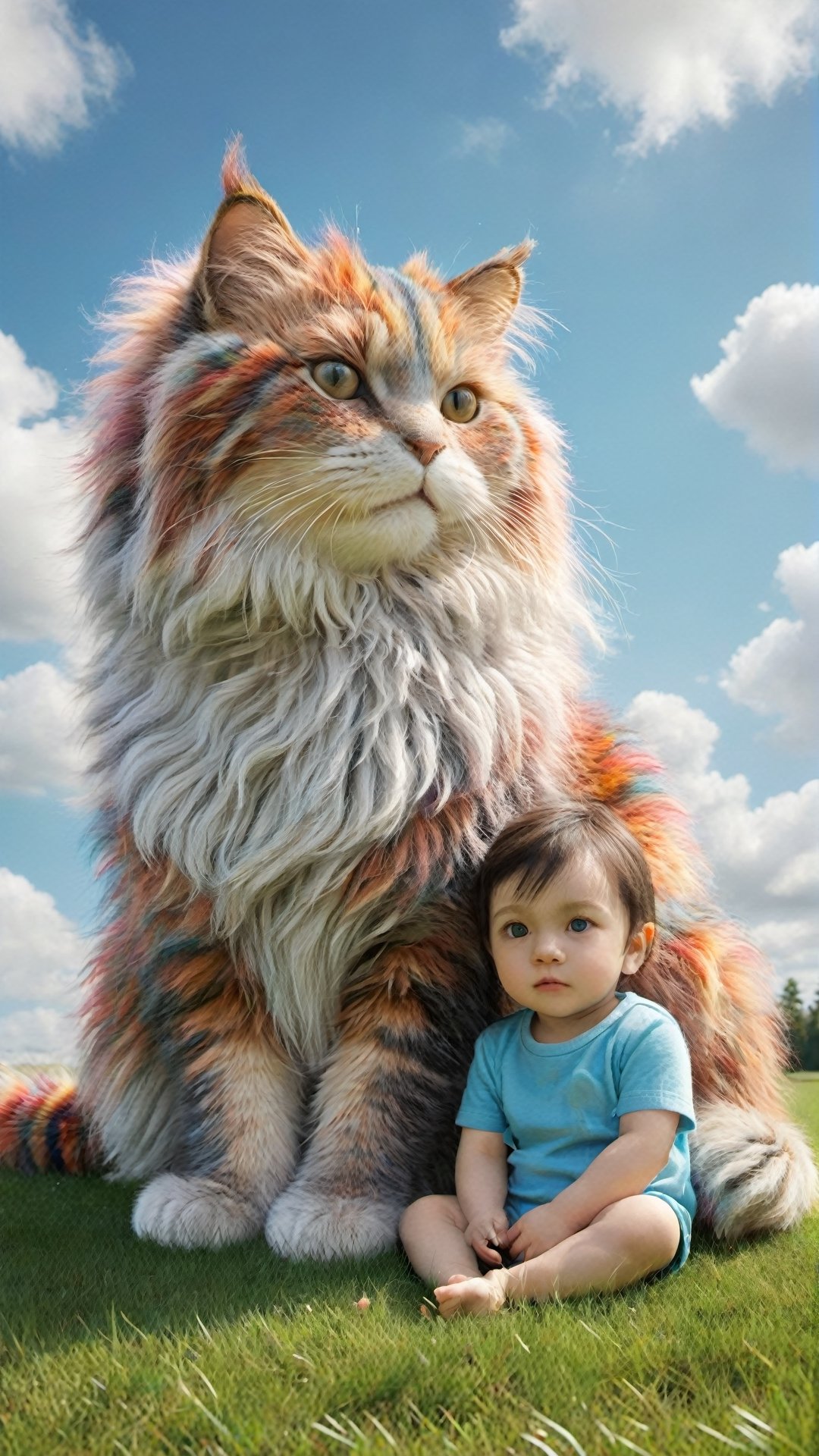 A multicolor giant cat with fluffy fur sitting on the grass, next to it sits an adorable babyboy (((looking at viewer))) . The blue sky has white clouds. In the style of hyper-realistic, high definition photography, movie stills, children's book illustrations, colorful animation stills, hyperrealistic details depict childlike innocence