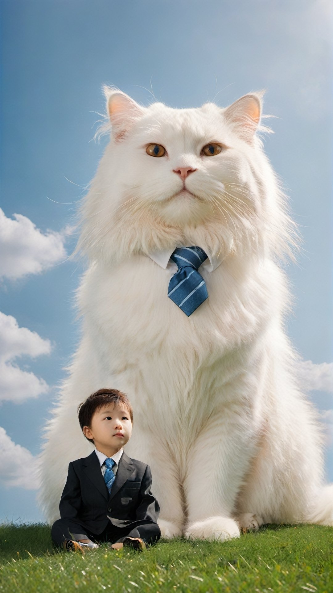 Realistic photo of a huge longhaired white cat with brown eyes sitting on the grass in front of a little shot haircut Asian boy wearing a suit and tie. The photo has a blue sky background with clouds and uses natural light, with super detailed photography in the style of movie lighting effects and bright colors. It is a full body portrait