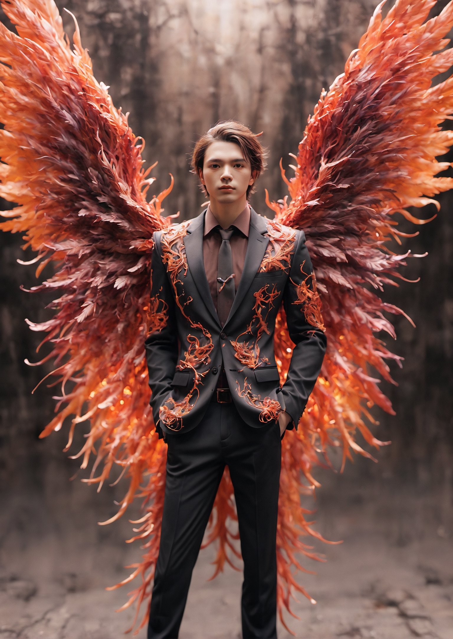 Create an image of a young man wearing a suit, featuring vibrant, fire and crystal wings extending from his back. Random movement The background should be plain white, emphasizing the contrast and detailing of the beauty wings and the sharpness of the suit. The man should appear poised and elegant, with the wings unfurled to showcase a spectrum of vivid hues, blending seamlessly from one color to another. The focus should be on the meticulous details of the wings’ feathers and the suit’s fabric, capturing a harmonious blend of natural and refined elements, wings,Stylish, close up,l3min,xxmixgirl