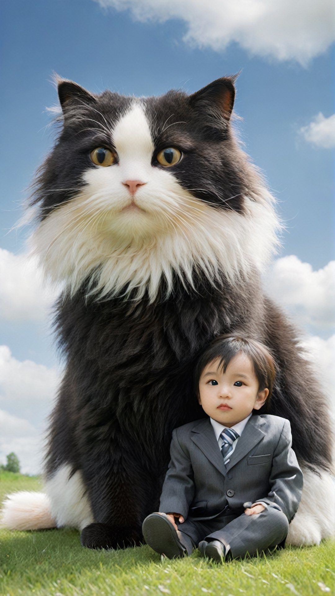 A black and white cat with fluffy fur is sitting on the grass, and in front of it sits an Asian babyboy wearing fashion suits. The sky above them has blue clouds, creating a realistic photo style. This scene was captured in the style of Hayao Miyazaki using high definition photography technology. It features a cute giant furry animal character, with detailed details that make people fall under its gaze