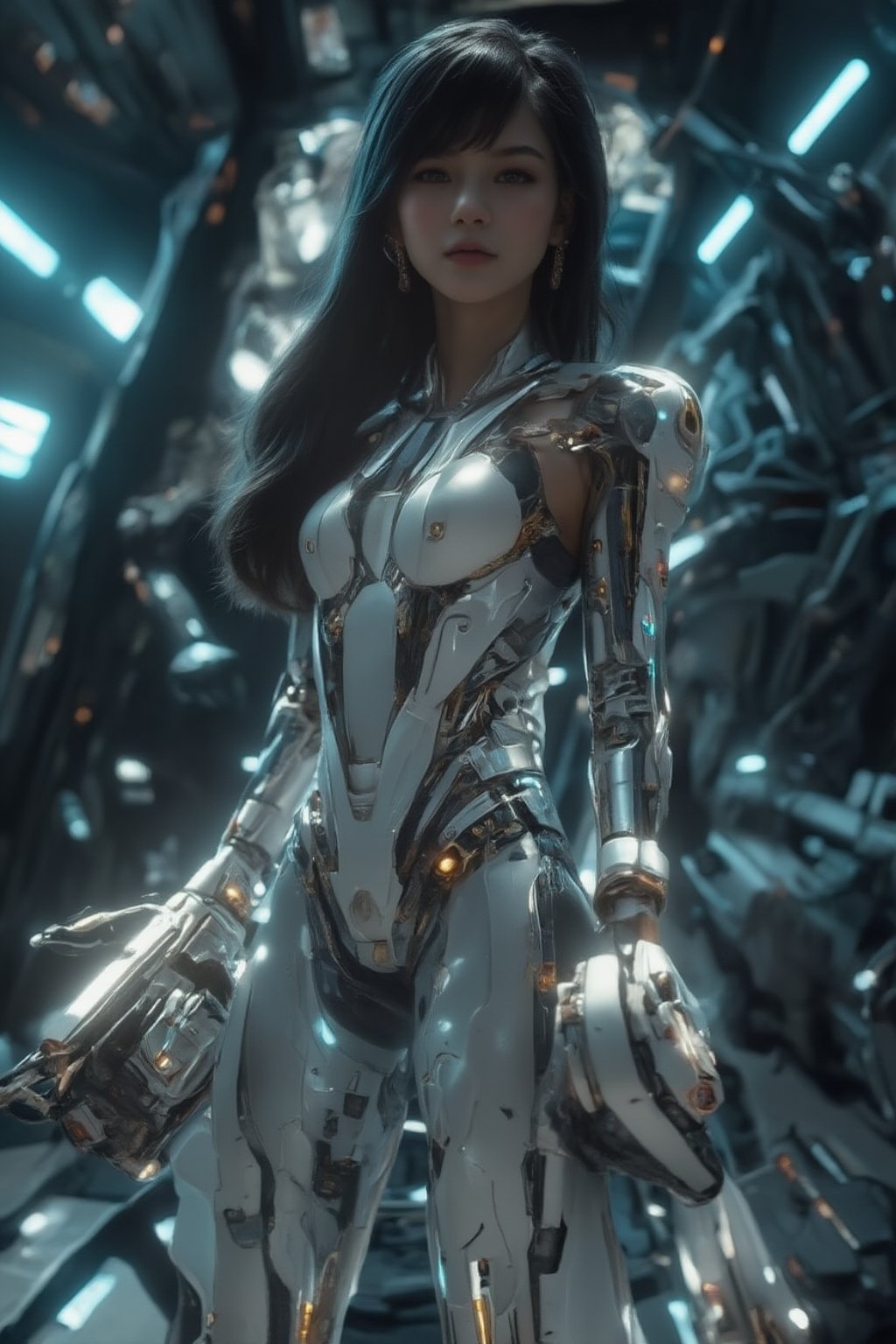 Realistic style, a 20-year-old beautiful Japanese woman with long black hair and sharp brown eyes, wearing a sleek, white futuristic mecha suit with glowing blue lines. She is standing in a high-tech laboratory filled with neon lights, holographic screens, and advanced robotic arms. Her expression is focused and determined.
FuturEvoLabMecha,realistic