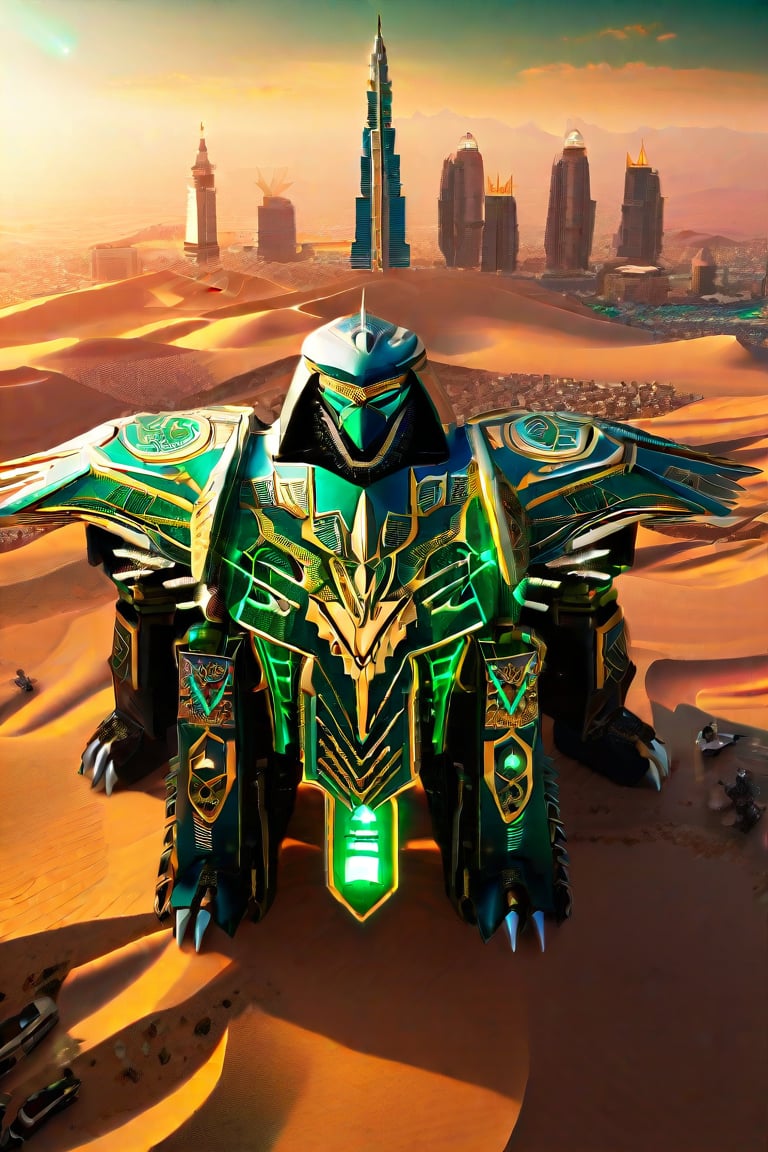 A bird’s eye view of a gigantic Pacific Rim Jaeger representing Saudi Arabia. The Jaeger’s design is inspired by the Kaaba, featuring black and gold-tinted armor with intricate Islamic geometric patterns. Its headpiece resembles a traditional ghutra, and its body is adorned with calligraphy. The Jaeger’s core glows with a bright green light, symbolizing the national flag. Below, the landscape reveals vast deserts and urban skyscrapers. Enhanced with glare, lens flare, and cinematic lighting, the Jaeger’s imposing presence is accentuated by swirling sand particles and sparks, capturing Saudi Arabia's spiritual and modern essence,Gao Hunter