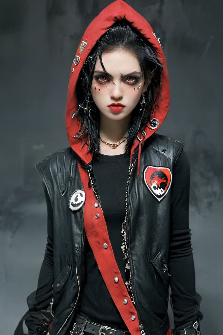 A punk rock version of Snow White, dressed in a rebellious fusion of avant-garde fashions.
(standing: 1.2), red cape with hood and ripped mesh details, adorned with punk-inspired patches and brooches. Septum earrings, more calls, tattered dreadlocks, more patches, dirty, torn, anti-union spiked leather jackets, hardcore punk style jackets, punk badges, combat boots tied to legs, Rebellin, Dal, Emo orange, ct- niji2,dal