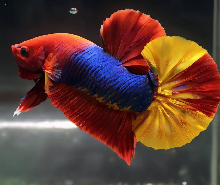 ,betta hmpk,realistic,animal focus, still life, multicolor, big tail,(best quality,realistic,high quality),, ultra realistic,32k,RAW photo,(high detailed skin:1.2), 8k uhd, dslr, high quality, film grain,water,betta fish