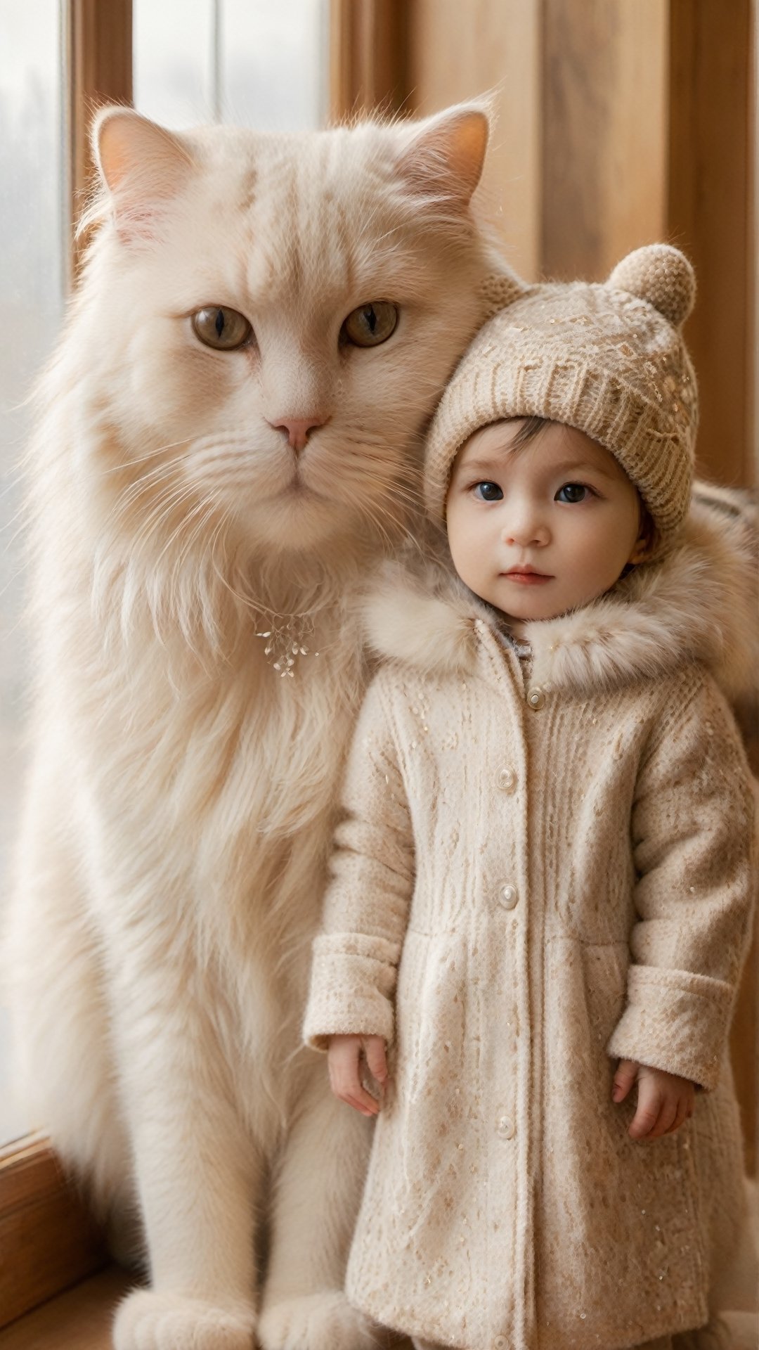 A fluffy white cat with long hair and soft fur, wearing an elegant beige outfit, stands beside the babyboy in his cute winter hat. The background is adorned with light brown decorations. Captured using a Canon EOS R5 camera with a macro lens in natural daylight streaming through large windows. High resolution, hyperrealistic, intricate details, warm tones