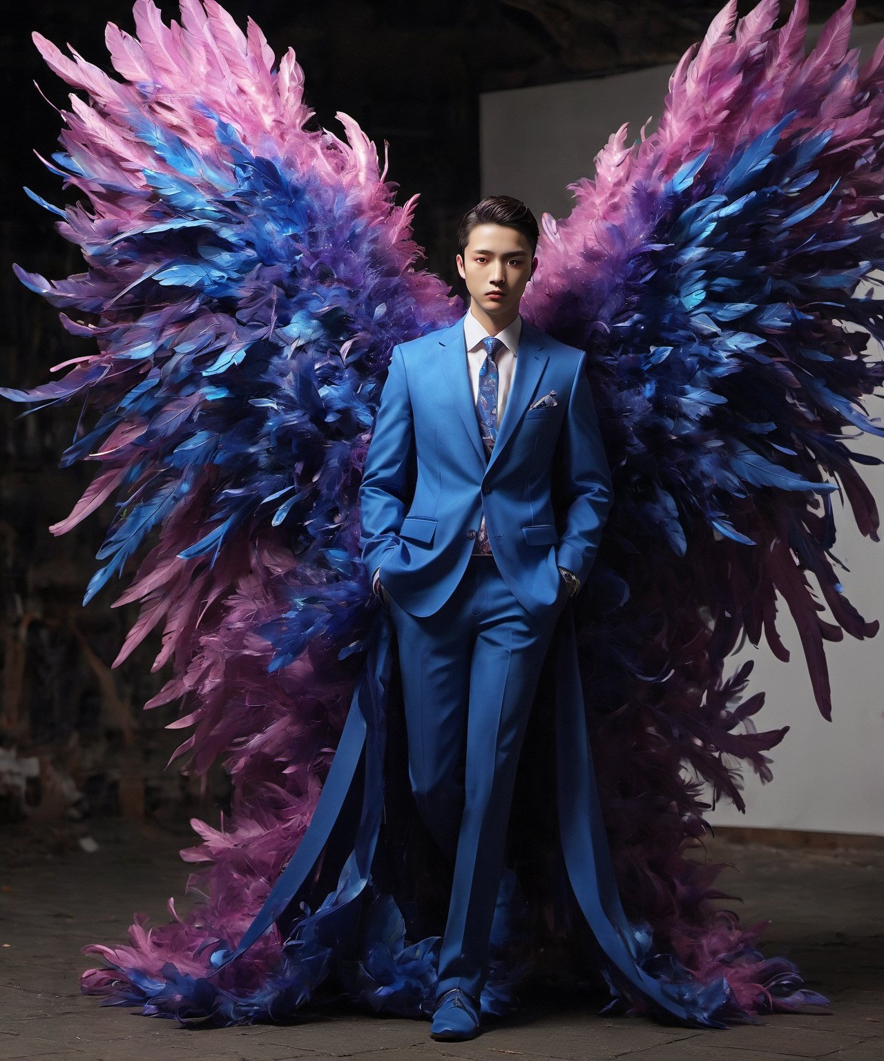 Create an image of a young man wearing a suit, featuring vibrant, dark and blue wings extending from his back. Random movement The background should be plain white, emphasizing the contrast and detailing of the beauty wings and the sharpness of the suit. The man should appear poised and elegant, with the wings unfurled to showcase a spectrum of vivid hues, blending seamlessly from one color to another. The focus should be on the meticulous details of the wings’ feathers and the suit’s fabric, capturing a harmonious blend of natural and refined elements, wings,Stylish, close up,l3min,xxmixgirl