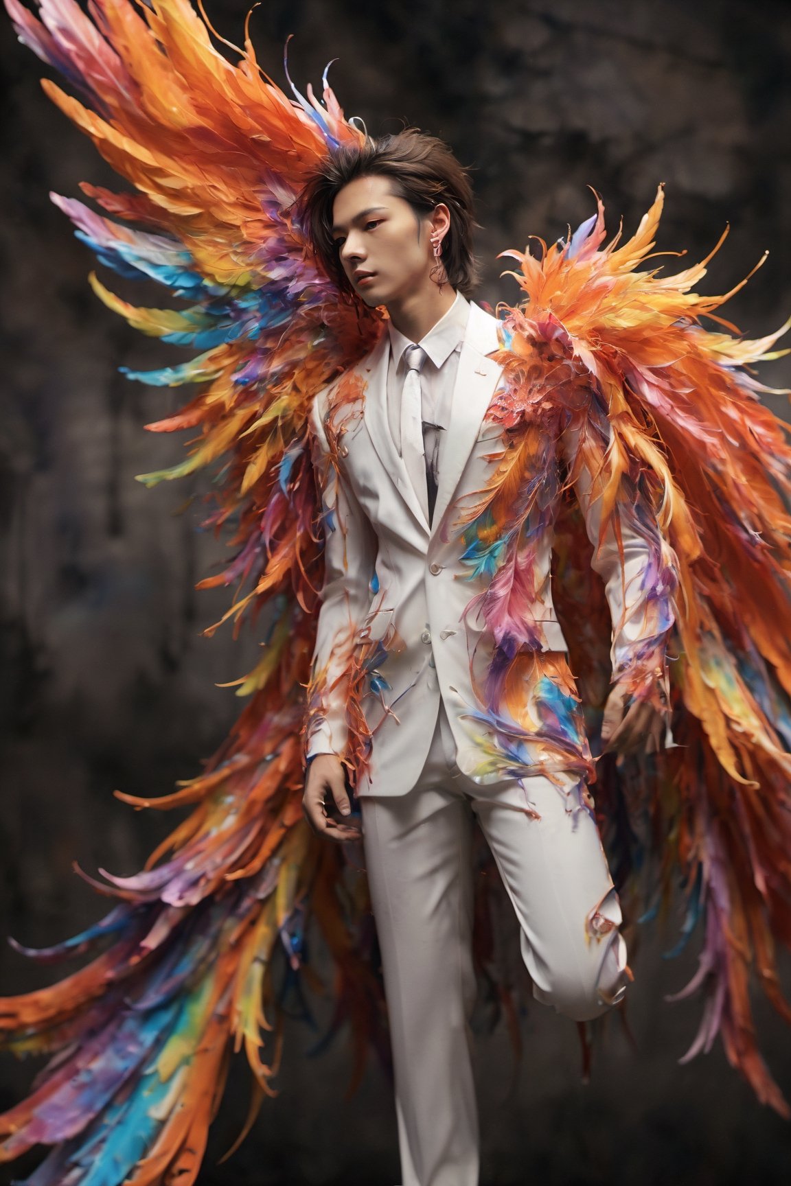 Create an image of a young man wearing a suit, featuring vibrant, crystal  wings extending from his back. Random movement The background should be plain white, emphasizing the contrast and detailing of the beauty wings and the sharpness of the suit. The man should appear poised and elegant, with the wings unfurled to showcase a spectrum of vivid hues, blending seamlessly from one color to another. The focus should be on the meticulous details of the wings’ feathers and the suit’s fabric, capturing a harmonious blend of natural and refined elements, wings,Stylish, close up,l3min,xxmixgirl,fire element,wings